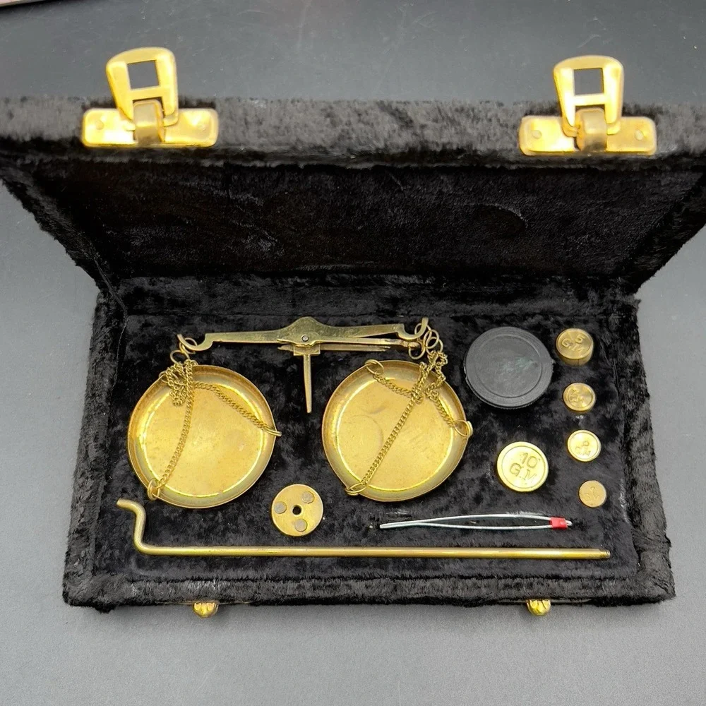 Vintage Black Velvet box with Brass Balance Scales and Weights Travel w/ box